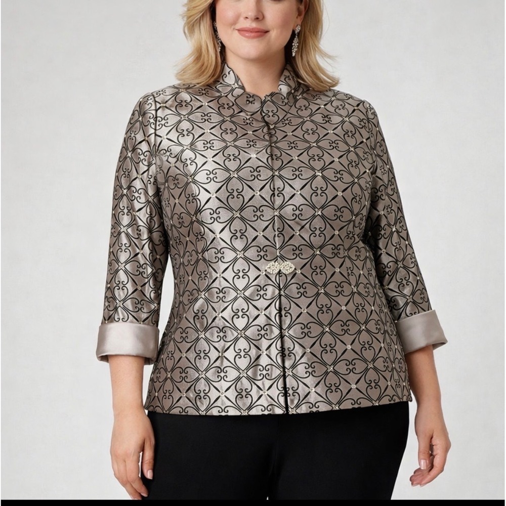 R&M Richards Womens 18 Evening Jacket Rhinestone Clasp Damask Champagne Black